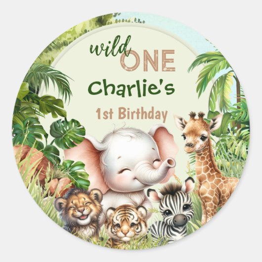 Safari Oerwoud Leuke Dieren Wild Een 1e Verjaardag Ronde Sticker (Voorkant)