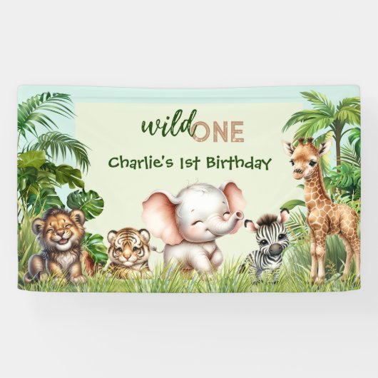 Safari Oerwoud Leuke Dieren Wild Een 1e Verjaardag Spandoek (Horizontaal)