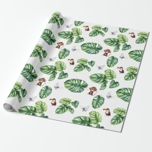 Safari Oerwoud Monkey Butterfly Toucan Greenery Cadeaupapier (Uitgerold)