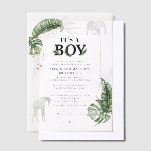 Safari Oerwoud Olifant Giraffe Boy Baby shower Vellum Uitnodigingen (Offset)