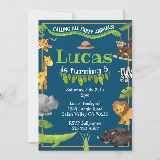 Safari Oerwoud Wild One Animal Verjaardagsfeest Kaart (Voorkant)
