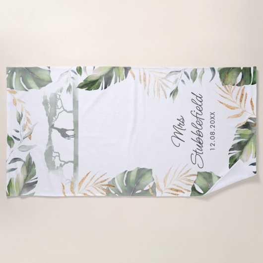 Safari Palm Leaves Passen getrouwd Script Mrs. Strandlaken (Voorkant)