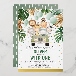 Safari Party Animals Wild One Boy 1st Birthday Folie Uitnodiging