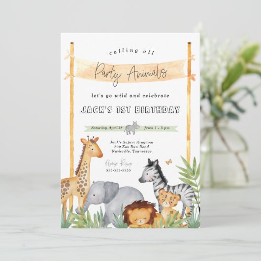 Safari Party Animaux Anniversaire Fête Invitation (Debout devant)