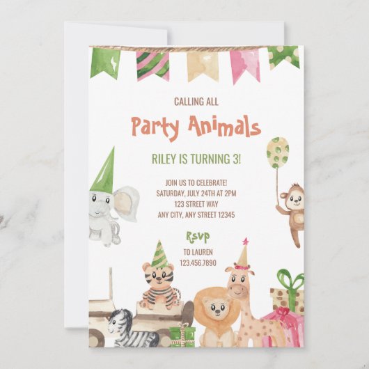 Safari Party Animaux Anniversaire Invitation (Devant)