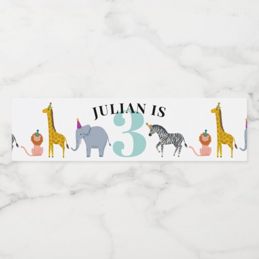 Safari Party Dieren Trein Verjaardag Naam en Leeft Waterfles Etiket (Enkel label)