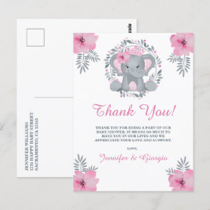 Safari Pink Floral Elephant Baby shower Hartelijk  Briefkaart