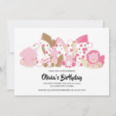 Safari rose Animaux 1er anniversaire Invitation (Devant)