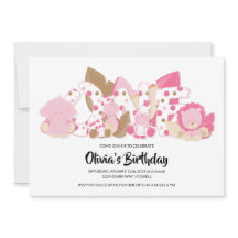 Safari rose Animaux 1er anniversaire Invitation