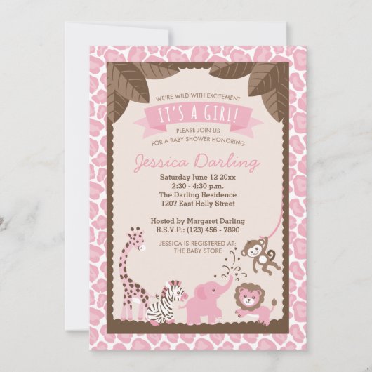 Safari rose Animaux Fille Bébé Douche Invitations (Devant)