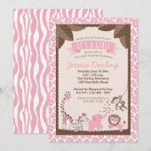 Safari rose Animaux Fille Bébé Douche Invitations (Devant / Derrière)