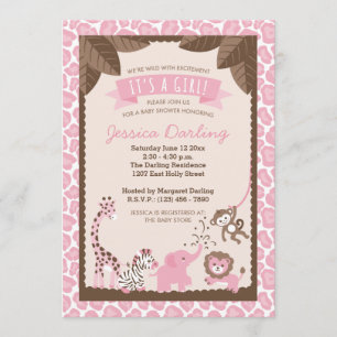 Safari rose Animaux Fille Bébé Douche Invitations