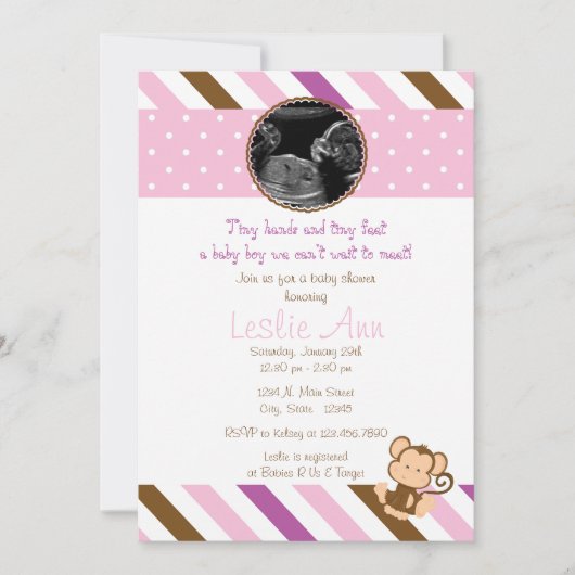 Safari Singe Photo Pink Baby shower Invitation (Devant)