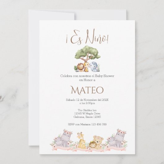 Safari Spanish Baby Shower Boy invitation (Devant)
