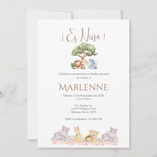 Safari Spanish Baby Shower Girl invitation (Devant)