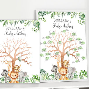 Safari Thema Baby Boy Douche Vingerafdrukboom Poster