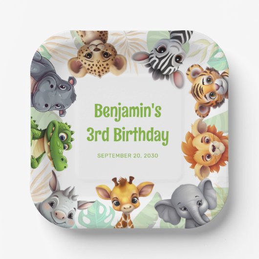 Safari thema Oerwoud Dier Kind Verjaardagsfeest Papieren Bordje (Voorkant)