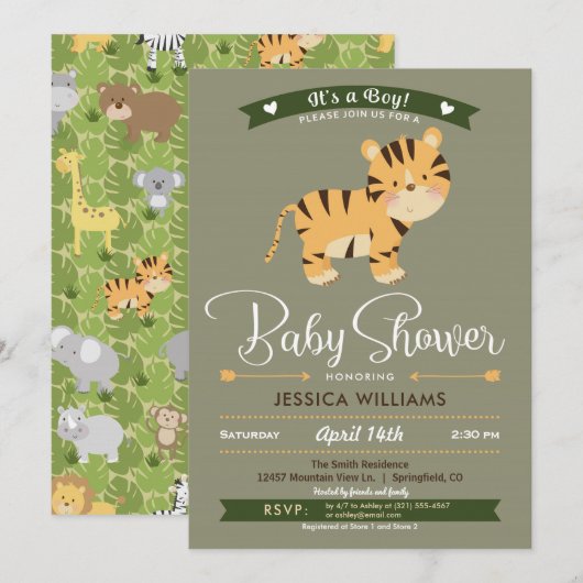 Safari Tiger Baby shower Invitation garçon (Devant / Derrière)