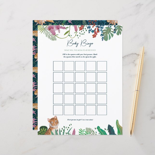 Safari Tiger Bingo Baby shower spel (Voorkant / Achterkant in situ)