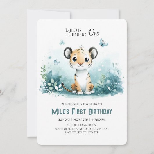 Safari Tiger eerste verjaardagsuitnodiging voor jo Kaart (Voorkant)