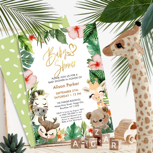 Safari Tropical Greenery Gold Script Baby shower Kaart