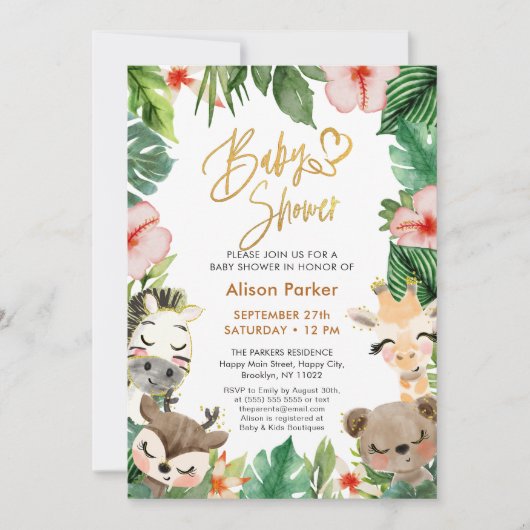 Safari Tropical Greenery Gold Script Baby shower Kaart (Voorkant)