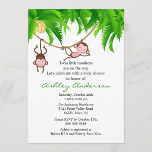Safari Twin Monkeys Baby shower Invitation Kaart