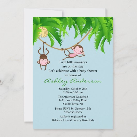 Safari Twin Monkeys Baby shower Invitation Kaart (Voorkant)