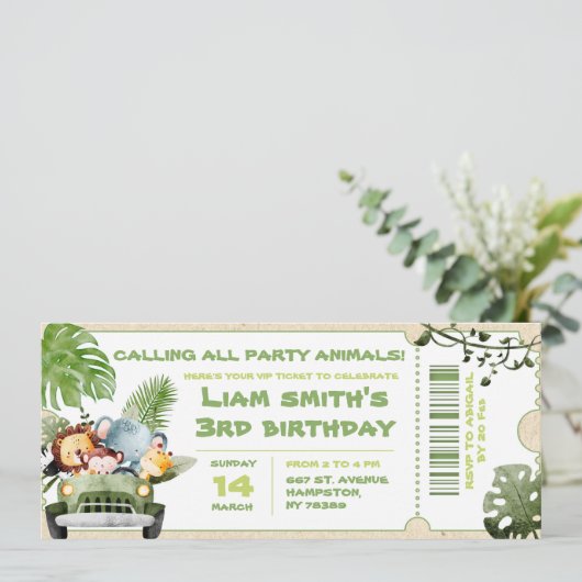 Safari-verjaardagsfeestticket (Staand voorkant)