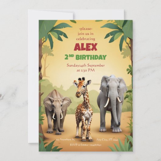 Safari Verjaardagsuitnodiging Goud Oerwoud Dieren Kaart (Voorkant)