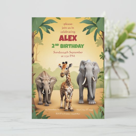 Safari Verjaardagsuitnodiging Goud Oerwoud Dieren Kaart (Staand voorkant)