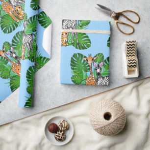 Safari vrienden, giraf, zebra, tijger, palmbladere cadeaupapier