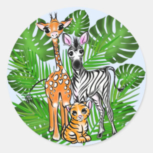 Safari vrienden, giraf, zebra, tijger, palmbladere ronde sticker