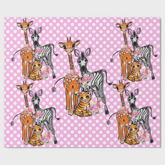 Safari vrienden, giraffe, zebra, tijger, roze polk cadeaupapier (Vlak)