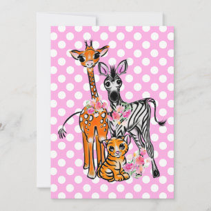 Safari vrienden giraffe zebra tijger roze polka kaart