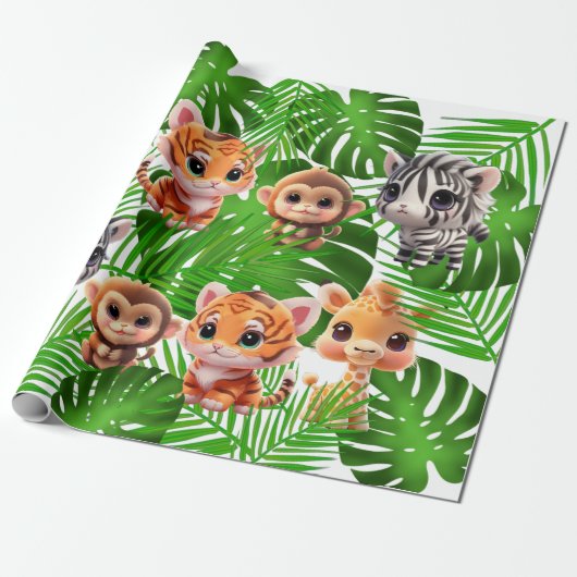 Safari vrienden tijger giraffe zebra aap verjaarda cadeaupapier (Uitgerold)