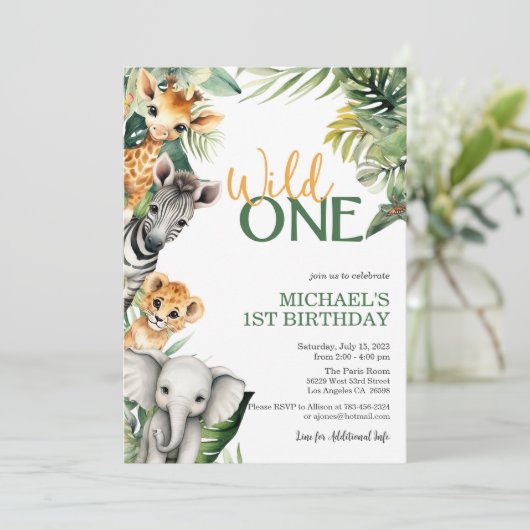 Safari Wild Een 1e verjaardag uitnodiging (Staand voorkant)