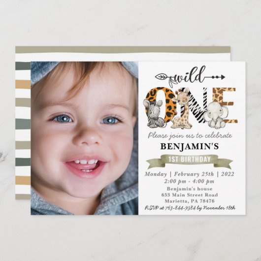 Safari Wild Eén eerste verjaardag met uw foto Uitn Kaart (Voorkant / Achterkant)