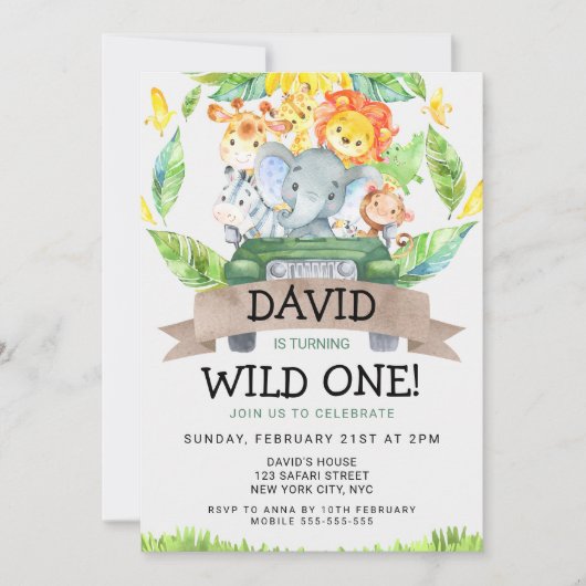 Safari Wild One 1e verjaardag Party Kaart (Voorkant)