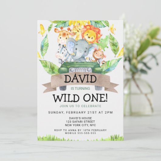 Safari Wild One 1e verjaardag Party Kaart (Staand voorkant)