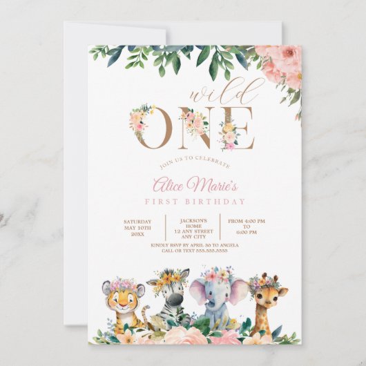 Safari Wild One Animals Oerwoud Meisje Verjaardag Kaart (Voorkant)