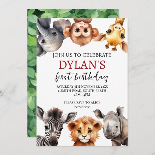Safari Wild One Birthday Invitation Kaart (Voorkant / Achterkant)