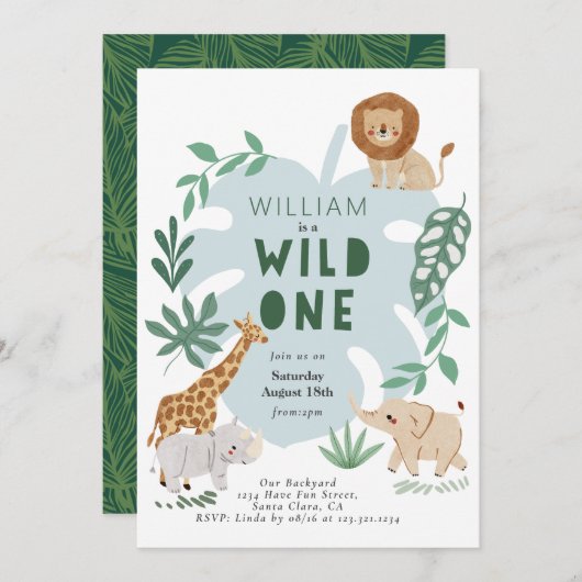 Safari Wild One Boy 1er Invitation anniversaire (Devant / Derrière)