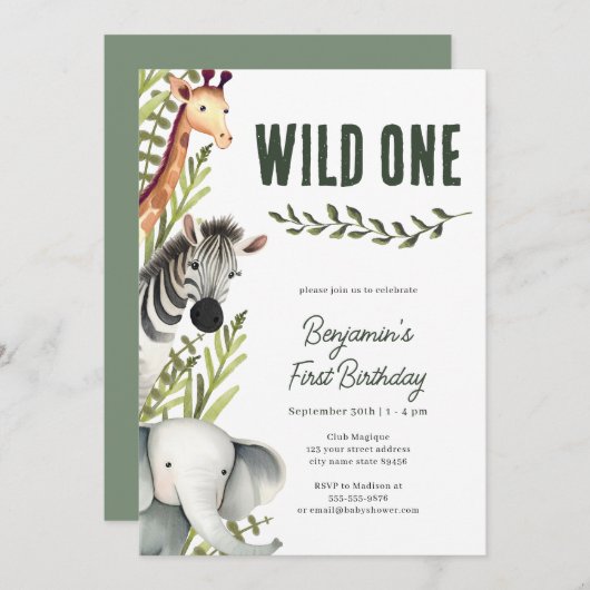 Safari Wild One Boy Eerste Verjaardag Uitnodiging (Voorkant / Achterkant)