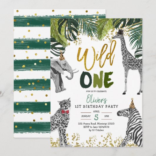 Safari Wild One First Birthday Invitation Kaart (Voorkant / Achterkant)