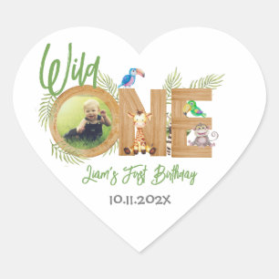 Safari Wild One First Birthday Photo Animals Wood Hart Sticker