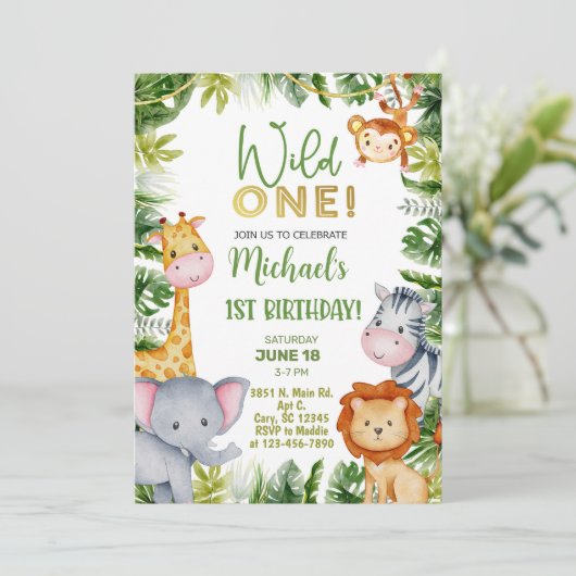 Safari Wild One jongen 1e verjaardag uitnodiging. Kaart (Staand voorkant)