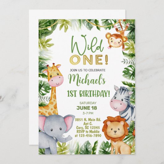 Safari Wild One jongen 1e verjaardag uitnodiging. Kaart (Voorkant / Achterkant)