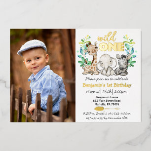 Safari Wild One Photo Real Gold Folie Uitnodiging