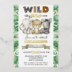 Safari Wild One Verjaardagsfeestje Echt Goud Folie Uitnodiging